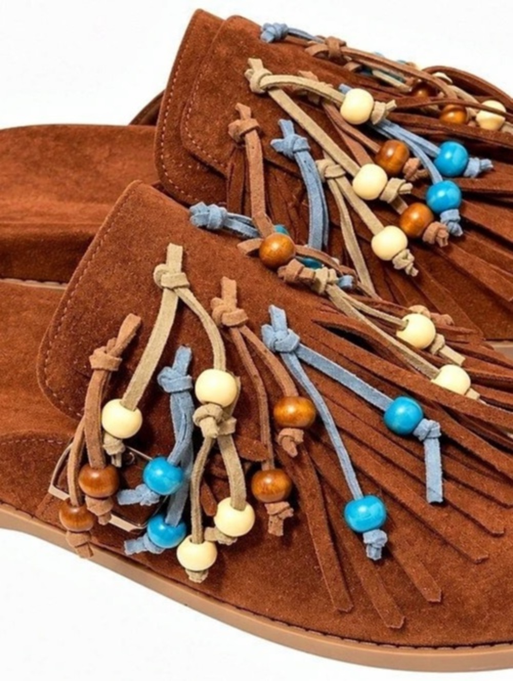 Azalea Wang BOHO Beaded Tassel Deck Mules Brown